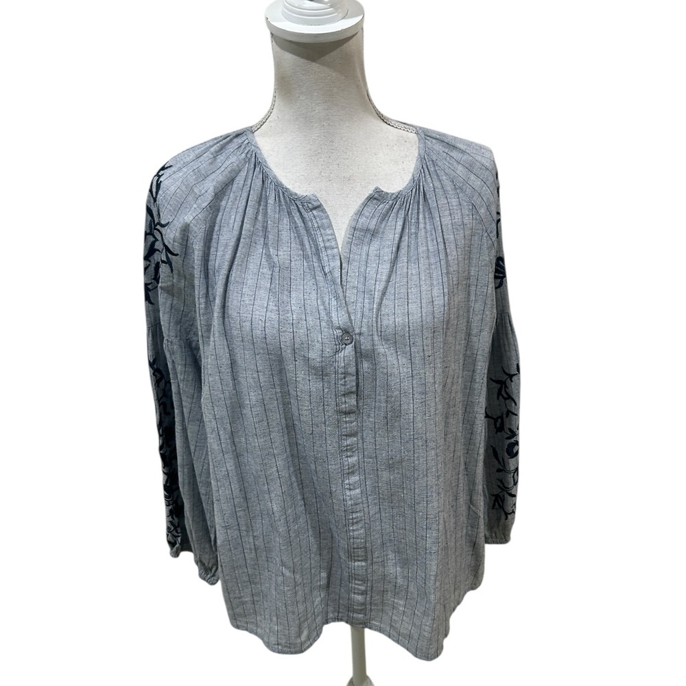 Ppla blue gray socialite woven Stripe Blouse navy embroidery balloon sleeves med
